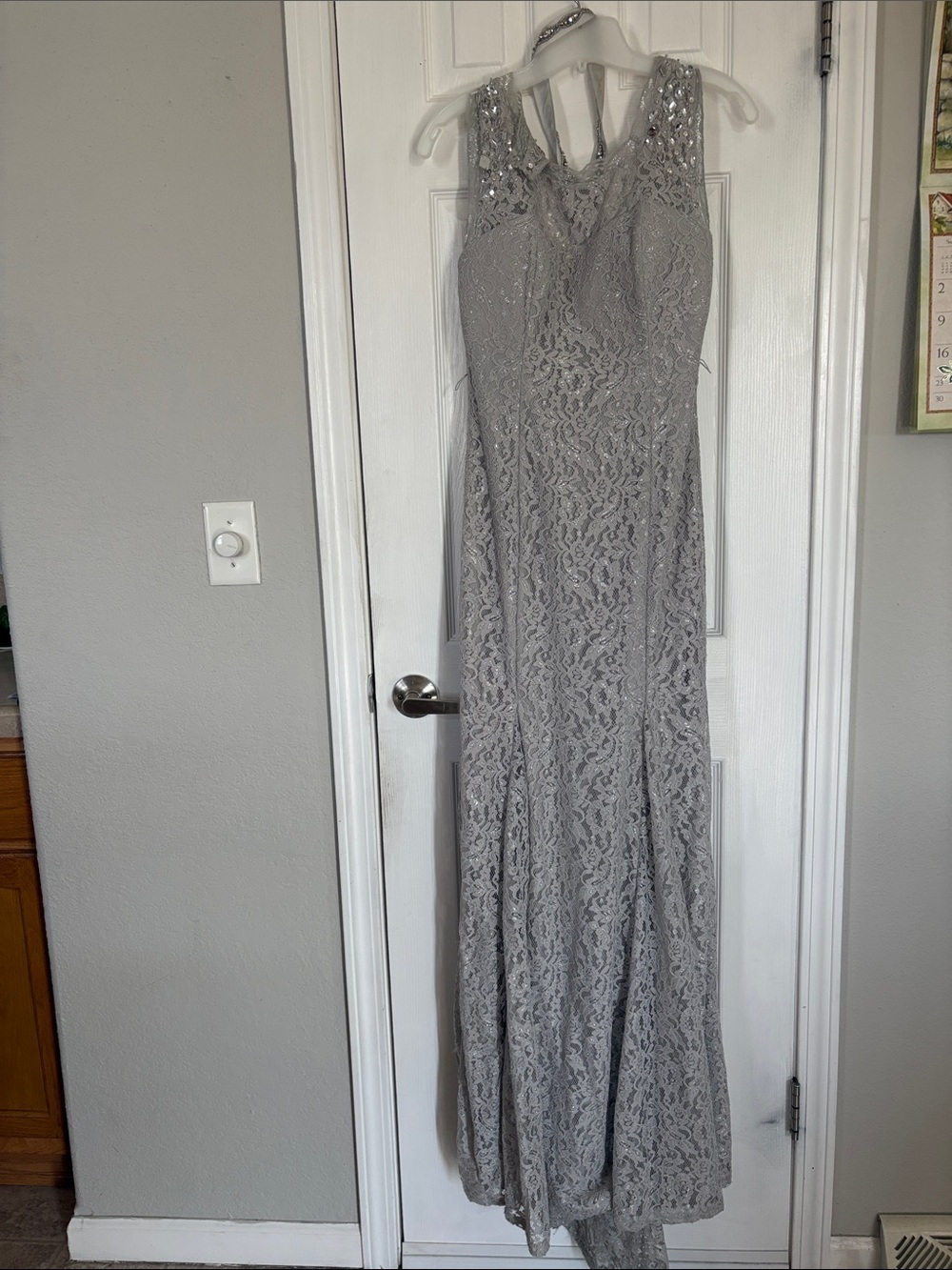Silver Lace Maxi Dress with Beaded Neckline